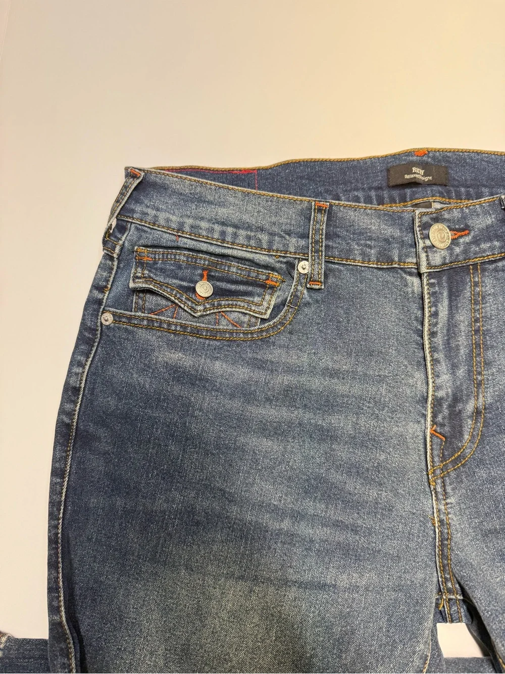 TRUE RELIGION JEANS Ricky SN Flap RELAXED  Straight Fit Mens 36x34 Dark Wash NWT